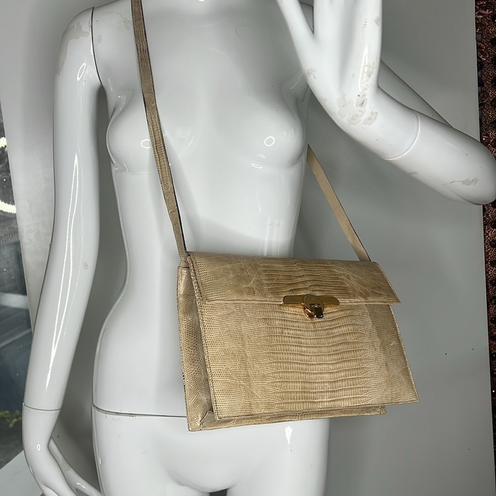 Vintage Cream Lizard Structured Shoulder Crossbody Clutch Bag Leather Interior